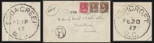 British Columbia / B.C. Postal History / Registered Letter - 18 to 25 February 1917 - SODA CREEK, B.C (cds cancel / postmark) via Ashcroft, B.C. to Montreal, Quebec, Canada