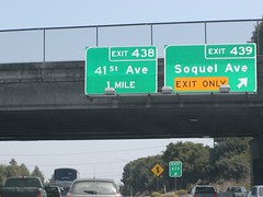 State Highway Junction Route CA-1 Southbound Cabrillo Highway SOUTH SOUTH Watsonville - Monterey approaches at Exit 439 - Soquel Avenue on an auxiliary right lane EXIT ONLY followed by Exit 438 - 41st Avenue - Capitola Next Right Exit 1 Mile Ahead