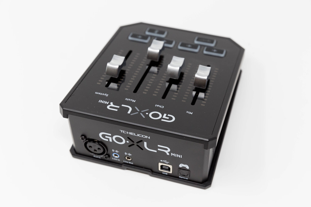 Close-up of small compact mixer by TC Helicon: GO XLR MINI for podcast and online broadcast
