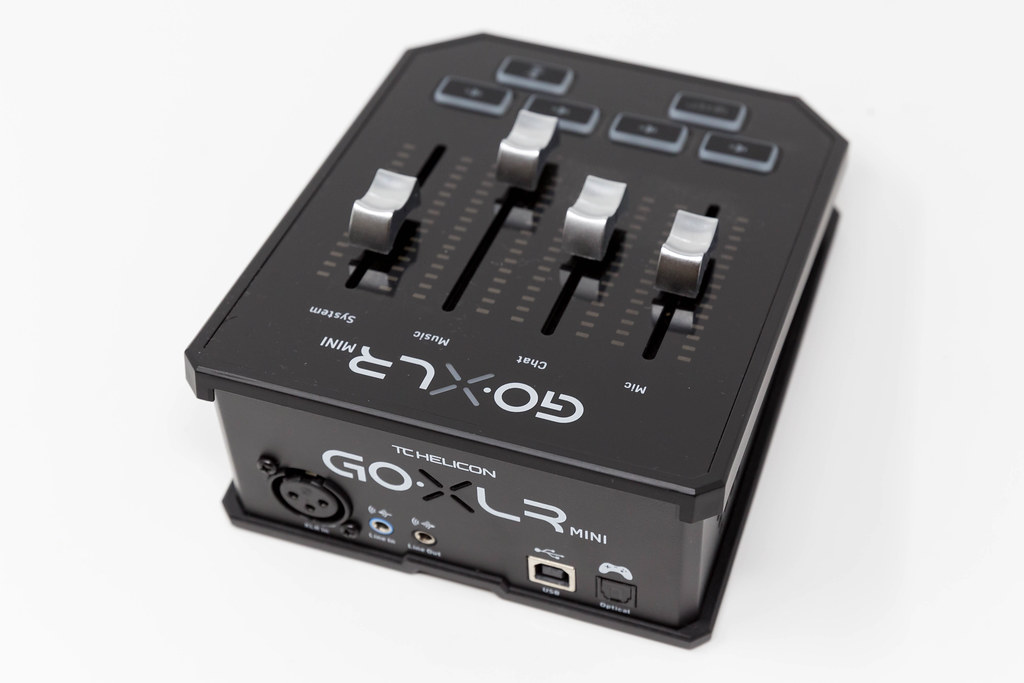TC-Helicon GoXLR MINI: compact 4-channel mixer for streaming. Close-up on white background