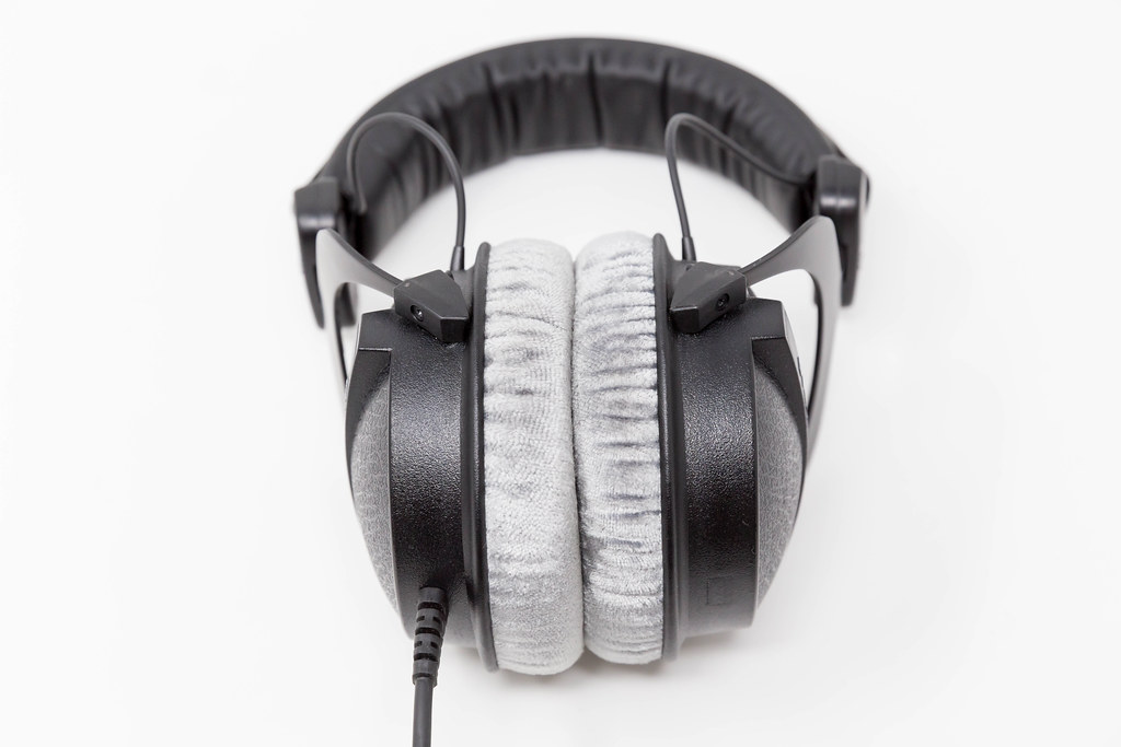 Close-up of closed studio headphones Beyerdynamic DT 770 PRO with soft, circumaural ear pads