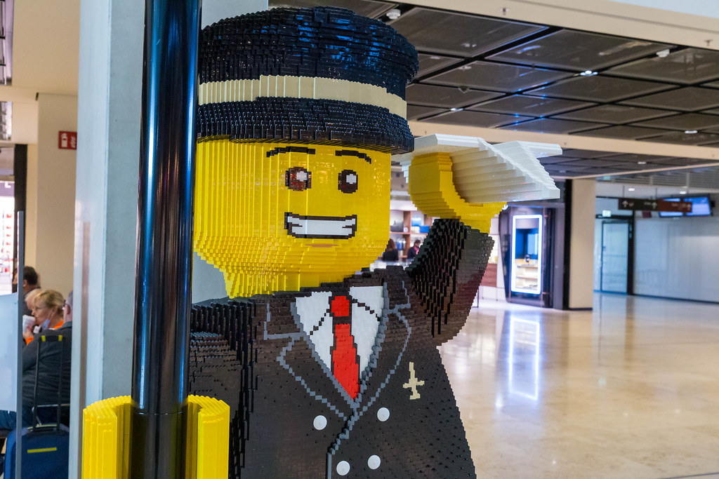 Close-up of an airplane pilot life-size figure made of LEGO bricks at the newly-opened airport in Berlin
