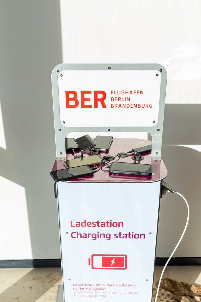 Charging station for travellers whose mobile phone has run out of battery at the new Berlin airport BER