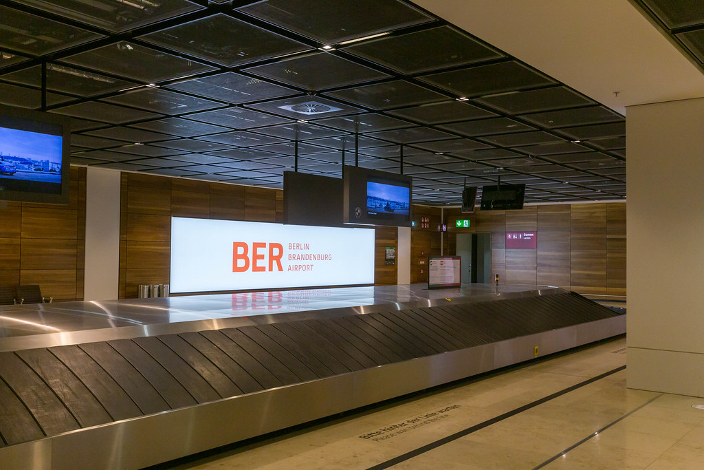 Baggage claim: an empty luggage belt at the arrivals of the newly opened BER Berlin Brandenburg Airport