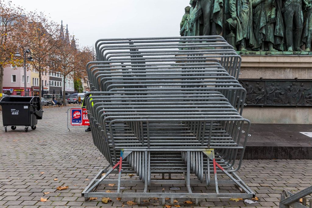 Crowd control barriers at Heumarkt in Cologne. 11.11.20 without the traditional public carnival events