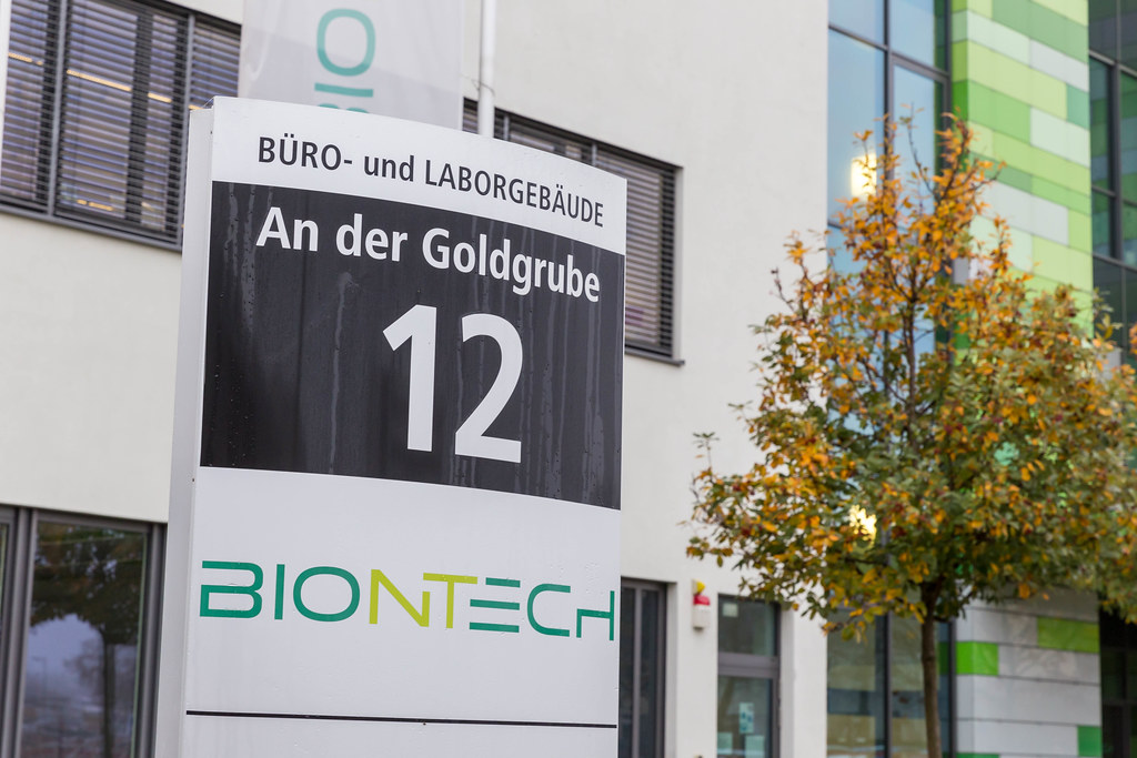 Close-Up Photo of Information Signboard of BioNTech Corporate Headquarters Office and Laboratory Buildings with Address An der Goldgrube 12 in Mainz, Germany