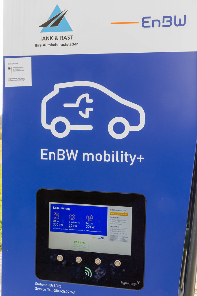 EnBW mobility+ Electric Vehicle Charging Station with Touchscreen at a Rest Stop in Germany