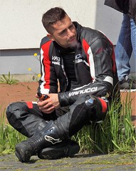 German biker in black-red-white Vanucci leather suit Bremerhaven June 4. 2017