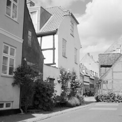 Gamle huse i Helsingør, fotograferet med Mamiya C220f mellemformatkamera den 12. juni 2022