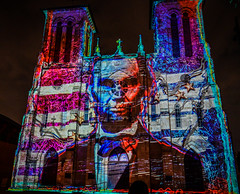 The Saga Lightshow projected of President Abraham Lincoln on to the San Fernando Cathedral at Night - San Antonio TX