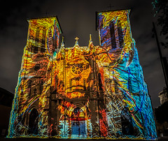 The Saga Lightshow projected on to the San Fernando Cathedral at Night - San Antonio TX