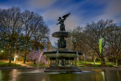 Night shot of the Angel of the Waters sculpture in the Bethesda Fountain in Central Park, Manhattan, New York City.