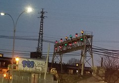 LIRR signal gantry, Main Line, Woodside (Winfield mile 3.5 at Queens Boulevard)