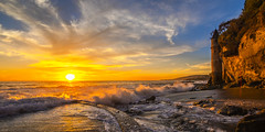 Breaking Wave Beautiful Red Orange Yellow Clouds Laguna Beach Victoria Beach Tower Sunset Southern California Coast! Dr. Elliot McGucken Fine Art Landscape Nature Photography Orange County Beach Ocean Art Seascape!