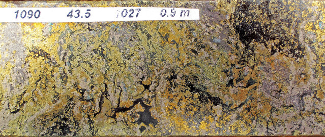 Photo：Polymetallic massive sulfide (Middle Tholeiitic Unit, Kidd-Munro Assemblage, Neoarchean, 2.711 to 2.719 Ga; drill core at the Potter Mine, east of Timmins, Ontario, Canada) 38 By James St. John