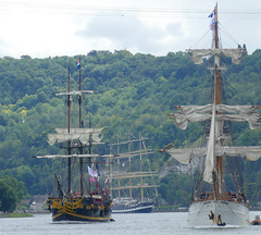 From left to right : The Etoile du Roy, the Kruzenshtern and the Le Français on the last day of the Rouen Armada 2019, on the River Seine from Rouen to Le Havre ...