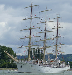 The Dar Mlodziezi on the last day of the Rouen Armada 2019, on the River Seine from Rouen to Le Havre ...