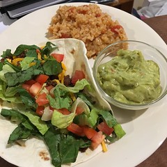 Soft taco, rice, and guacamole