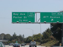State Highway Junction Route CA-1 Southbound Cabrillo Highway SOUTH Watsonville - Monterey - Salinas approaches at Exit 438 - 41st Avenue Capitola (Exit Ramp 40 MPH) followed by Exit 437 - Bay Avenue and Porter Street Next Right Exit 1/2 = 0.5 Mile Ahead
