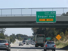 State Highway Junction Route CA-1 Southbound Cabrillo Highway approaching Exit 439 - Soquel Avenue on an Auxiliary Right Lane Exits Ahead - Must Exit by EXIT ONLY Next Right Exit 1/4 = 0.25 Mile Ahead with this overhead sign located at