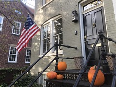 Front steps with pumpkins and U.S. flag, P Street NW, Georgetown, Washington, D.C.