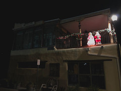 Santa and Mrs. Claus, Christmas decorations at night, Old Town Albuquerque, New Mexico
