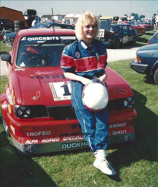 Sally Bishop in 1988 with Nigel Cottee's modified Alfasud