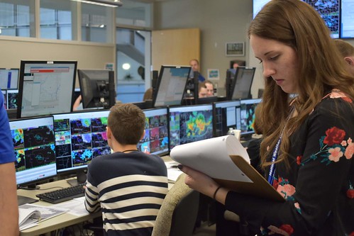CIMMS Researcher Hannah Wells takes notes as OU School of Meteorology students undergo forecaster training. University of Oklahoma School of Meteorology students partook in training normally provided to NOAA National Weather Service forecasters by the NWS Warning Decision Training Division, with support from CIMMS researchers, in March 2019 as part of their coursework. 