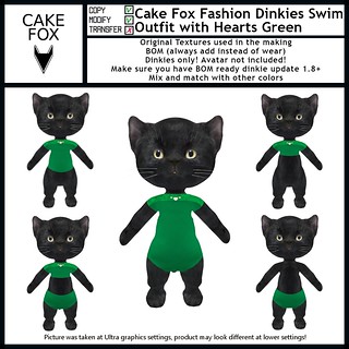 Cake Fox Fashion Dinkies Swim Outfit with Hearts Green