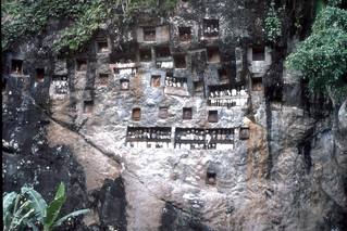 Город мертвых Тау Тау. Деревянные фигуры, изображающие покойных членов племени; устанавливаются рядом с захоронением, на поверхности скалы.