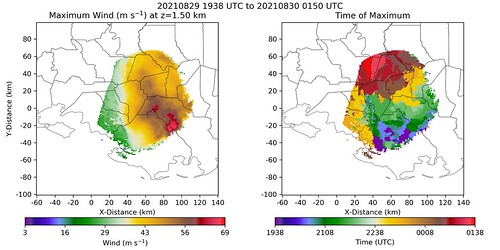 This data plot shows real-time analyses from the combined data of both OU SR mobile radars. The real-time analyses were conducted by Addison Alford and  Gordon Carrie (SoM). The left panel shows the maximum wind observed east of New Orleans by the SRs at 1500 meters above ground. The right panel shows the time at which that maximum wind occurred. The plot highlights the wind maximum associated with the 