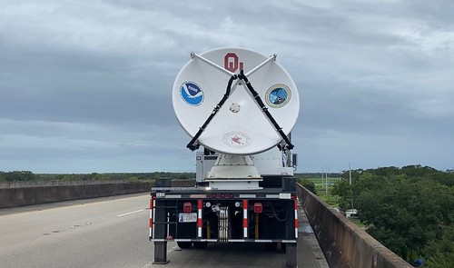 The Shared Mobile Atmospheric Research and Teaching Radar (SR) 2 deployed near Franklin, Louisiana, during Hurricane Ida in late August 2021. (Photo by Addison Alford/CIMMS)