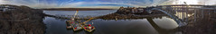 Sunrise 360° panorama, winter solstice. Hudson River, swing bridge over Spuyten Duyvil Creek, Henry Hudson Bridge, Riverdale, Inwood Hill Park. Barges: Weeks 73, Weeks 541, Weeks 61