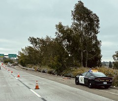 California Highway Patrol Dodge Charger near Ashland where one lane is closed