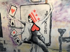 Joker: playing card mural, wall of upper level at Duke's Grocery, 17th Street NW, Washington, D.C.