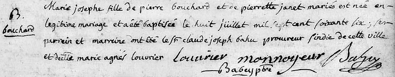 Acte de naissance de Marie Josephe Bouchard, soeur de Pierre Bouchard