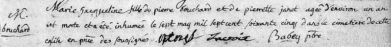 Acte de décès de Marie Jacqueline Bouchard, soeur de Pierre Bouchard, le 7 mai 1765