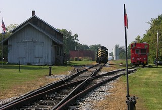 Pleasant Lake Indiana with the former LS&MS Passenger Station/Granary the Little River Railroad engine house IN GP9 No. 1770 a sand tower and CV4043 on the Indiana Northeastern Railroad
