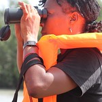 Searching for manatee during a boat survey of the Konkoure River