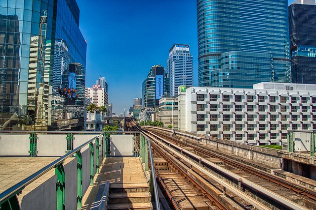 BTS Skytrain tracks at Chit Lom station in Bangkok, Thailand