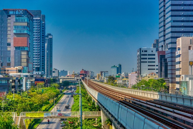 BTS Skytrain tracks at Krung Thon Buri station in Bangkok, Thailand