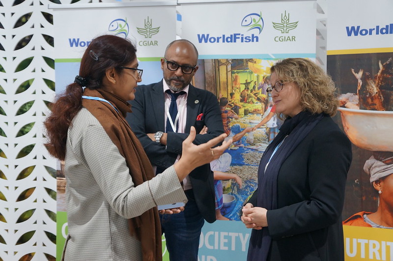 WorldFish&#039;s Essam Yassin Mohammed, Peerzadi Rumana Hossain, and CGIAR&#039;s Cladia Sadoff at the 27th United Nations Climate Change Conference (COP27). Photo by Aniss Khalid, WorldFish.