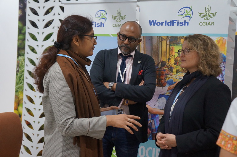 WorldFish&#039;s Essam Yassin Mohammed, Peerzadi Rumana Hossain, and CGIAR&#039;s Cladia Sadoff at the 27th United Nations Climate Change Conference (COP27). Photo by Aniss Khalid, WorldFish.
