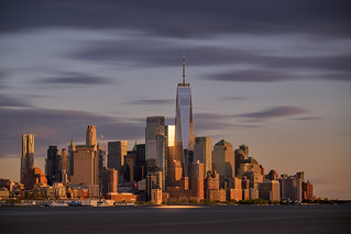 Long exposure of sunset clouds over Lower Manhattan and the World Trade Center, Manhattan