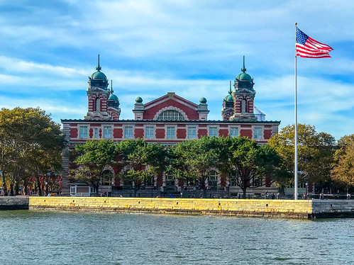 Ellis Island immigration building on the water, New York City