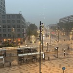 Pouring rain at Mannheim, tram stop at Hbf
