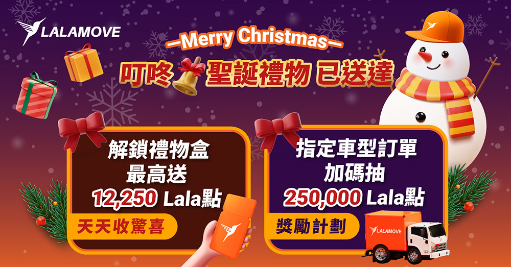 Lalamove獎勵會員數突破十萬，即日起至12月25日天天解鎖聖誕禮物盒，Lala點賺不完！(Lalamove提供)