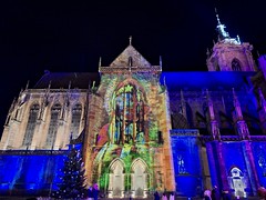 Colmar Christmas light show, St Martin's Church 13-14C, Alsace, France