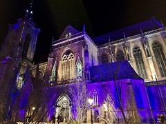 Colmar Christmas lights, St Martin's Church 13-14C, Alsace, France