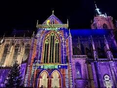 Colmar Christmas light show, St Martin's Church 13-14C, Alsace, France
